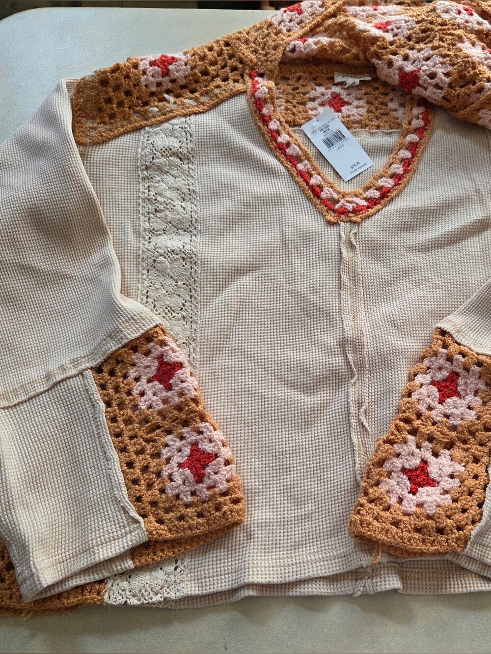 NWT POL MISSES SZ L Cream Waffle Knit Hoodie w/Crochet Granny Squares And Lace